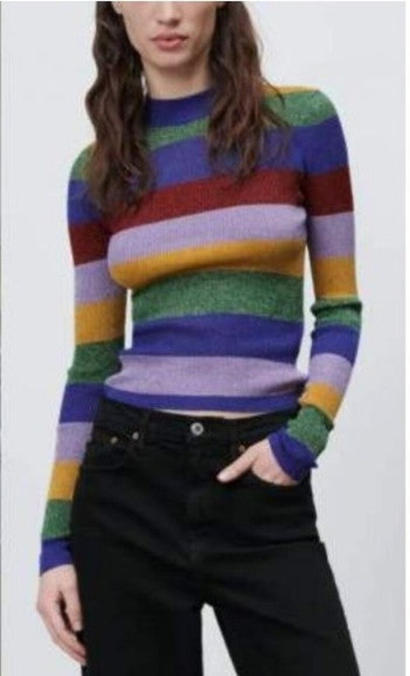 NWT ZARA STRIPED KNIT GLITTER FESTIVE MULTICOLORED SWEATER TOP size L